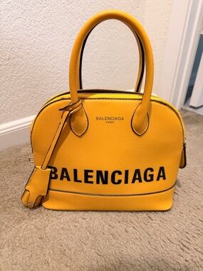 Balenciaga Yellow Leather Logo Dome Satchel with Black Print